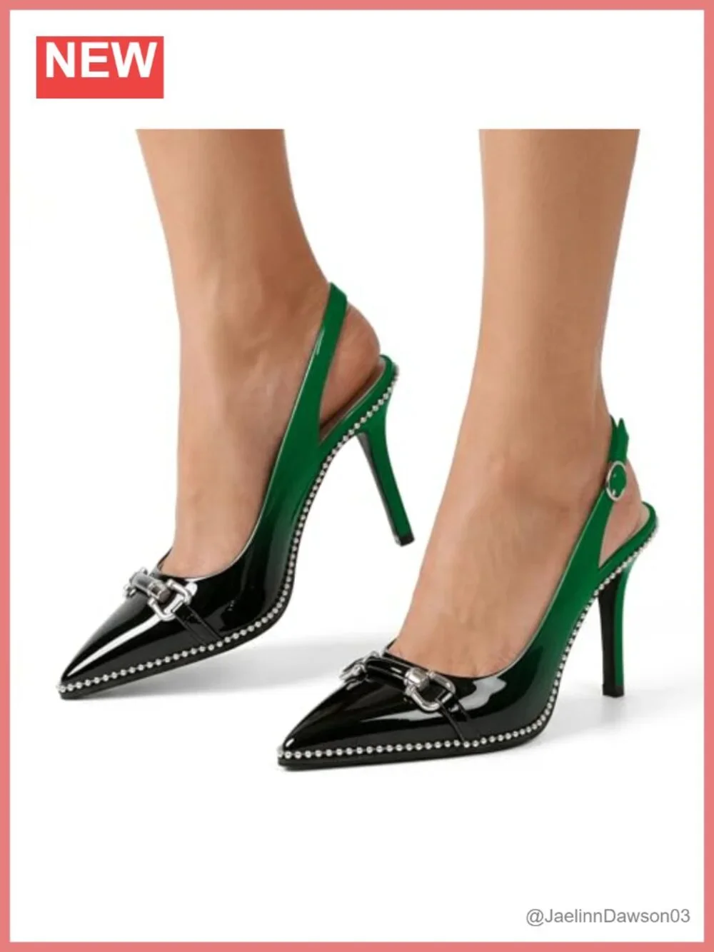 Women's Beaded Slingback Pumps Pointed Toe High Heel Stilettos Patent Leather